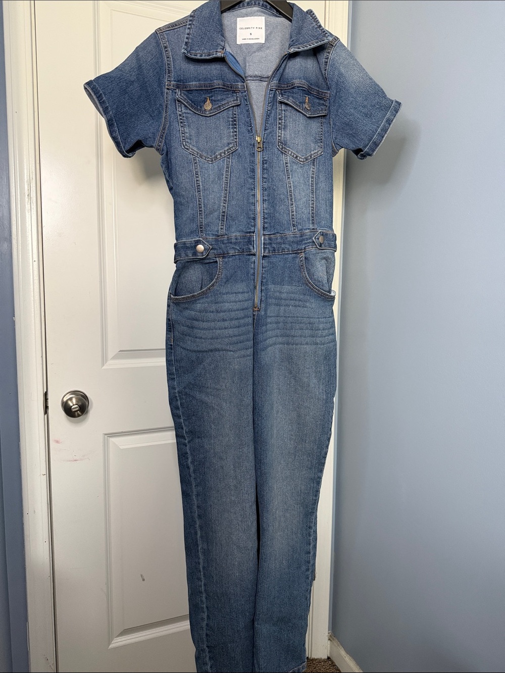 Celebrity Pink Short-Sleeve Zip-Front Denim Jumpsuit - Blue